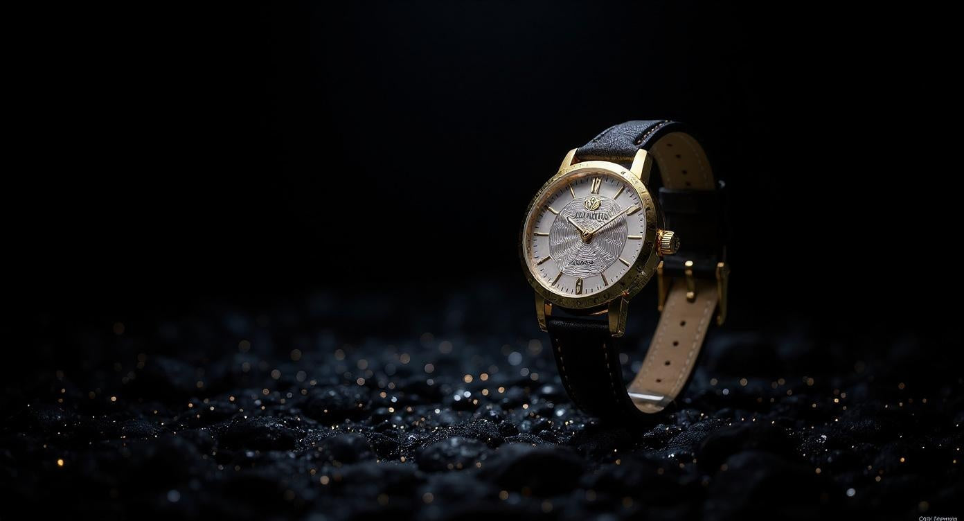 Luxury watch with black leather strap and gold case on a dark textured surface